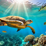 **

A vibrant underwater scene at Santa Maria, Sal Island, Cape Verde. Show colorful fish swimming around a coral reef, with clear turquoise water and sunlight filtering through. If possible, include a glimpse of a sea turtle.

**