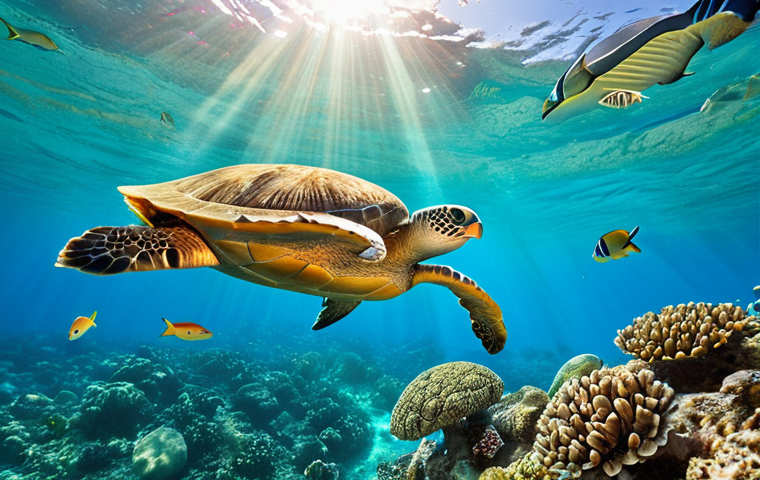 **

A vibrant underwater scene at Santa Maria, Sal Island, Cape Verde. Show colorful fish swimming around a coral reef, with clear turquoise water and sunlight filtering through. If possible, include a glimpse of a sea turtle.

**