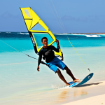 A professional athlete, fully clothed in modest, professional sportswear designed for full coverage, is dynamically kitesurfing on the brilliant turquoise waters off Sal Island, Cape Verde. The scene is illuminated by a bright sun under a clear blue sky, with a pristine golden sandy beach visible in the background. The athlete is in a natural, powerful pose, showcasing athletic grace. This is a high-quality professional photograph, featuring perfect anatomy, correct proportions, well-formed hands, and proper finger count. Safe for work, appropriate content, fully clothed, family-friendly.