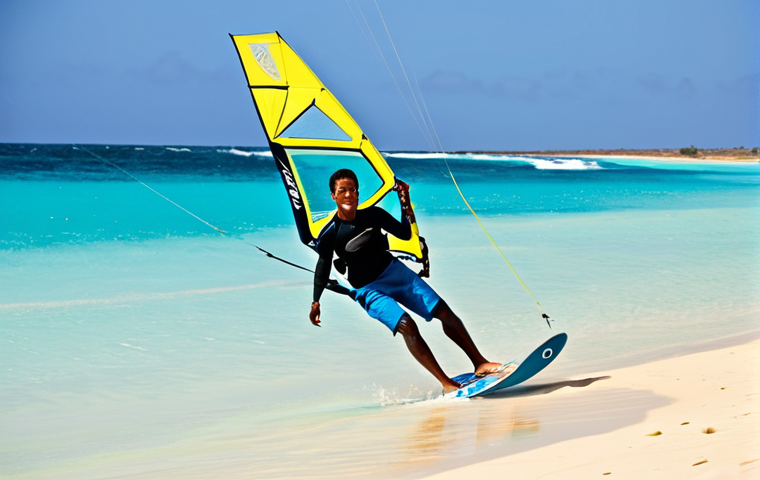 A professional athlete, fully clothed in modest, professional sportswear designed for full coverage, is dynamically kitesurfing on the brilliant turquoise waters off Sal Island, Cape Verde. The scene is illuminated by a bright sun under a clear blue sky, with a pristine golden sandy beach visible in the background. The athlete is in a natural, powerful pose, showcasing athletic grace. This is a high-quality professional photograph, featuring perfect anatomy, correct proportions, well-formed hands, and proper finger count. Safe for work, appropriate content, fully clothed, family-friendly.