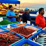 Fresh Seafood Market Scene**

"A bustling Kap Verde fish market at sunrise, overflowing with freshly caught seafood. Local fishermen display their catches: vibrant garoupa, lobsters, and other exotic fish. Market vendors haggle with customers. Background: Colorful buildings and the ocean shimmering in the morning light. Focus on the textures of the fish scales and the vibrant colors. safe for work, appropriate content, fully clothed vendors, professional photography, perfect anatomy, natural proportions, family-friendly scene."

**
