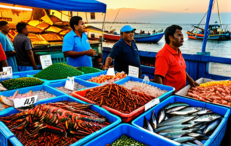 Fresh Seafood Market Scene**

"A bustling Kap Verde fish market at sunrise, overflowing with freshly caught seafood. Local fishermen display their catches: vibrant garoupa, lobsters, and other exotic fish. Market vendors haggle with customers. Background: Colorful buildings and the ocean shimmering in the morning light. Focus on the textures of the fish scales and the vibrant colors. safe for work, appropriate content, fully clothed vendors, professional photography, perfect anatomy, natural proportions, family-friendly scene."

**
